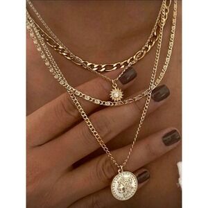 Gold  xolorLayered Coin Sun Charm Necklace Women Adjustable 37-42cm